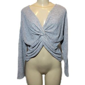 Gray Long Sleeve Rib Lined Knot Front Slouchy PullOver Sweater